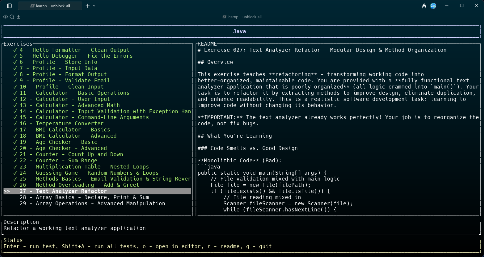 Main interface showing exercise list